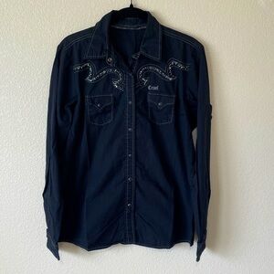 Cruel Western Shirt Pearl Snap Rhinestone Black Button Down Women’s M Goth Top